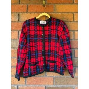 Vintage Tally Ho Plaid Sweater Wool Cardigan Coquette | Red Black | Womens Large
